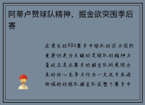 阿蒂卢赞球队精神，掘金欲突围季后赛