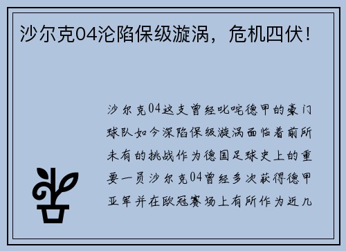 沙尔克04沦陷保级漩涡，危机四伏！