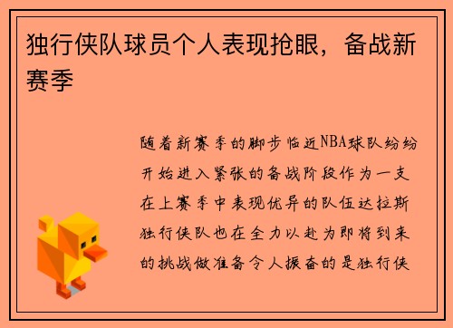 独行侠队球员个人表现抢眼，备战新赛季